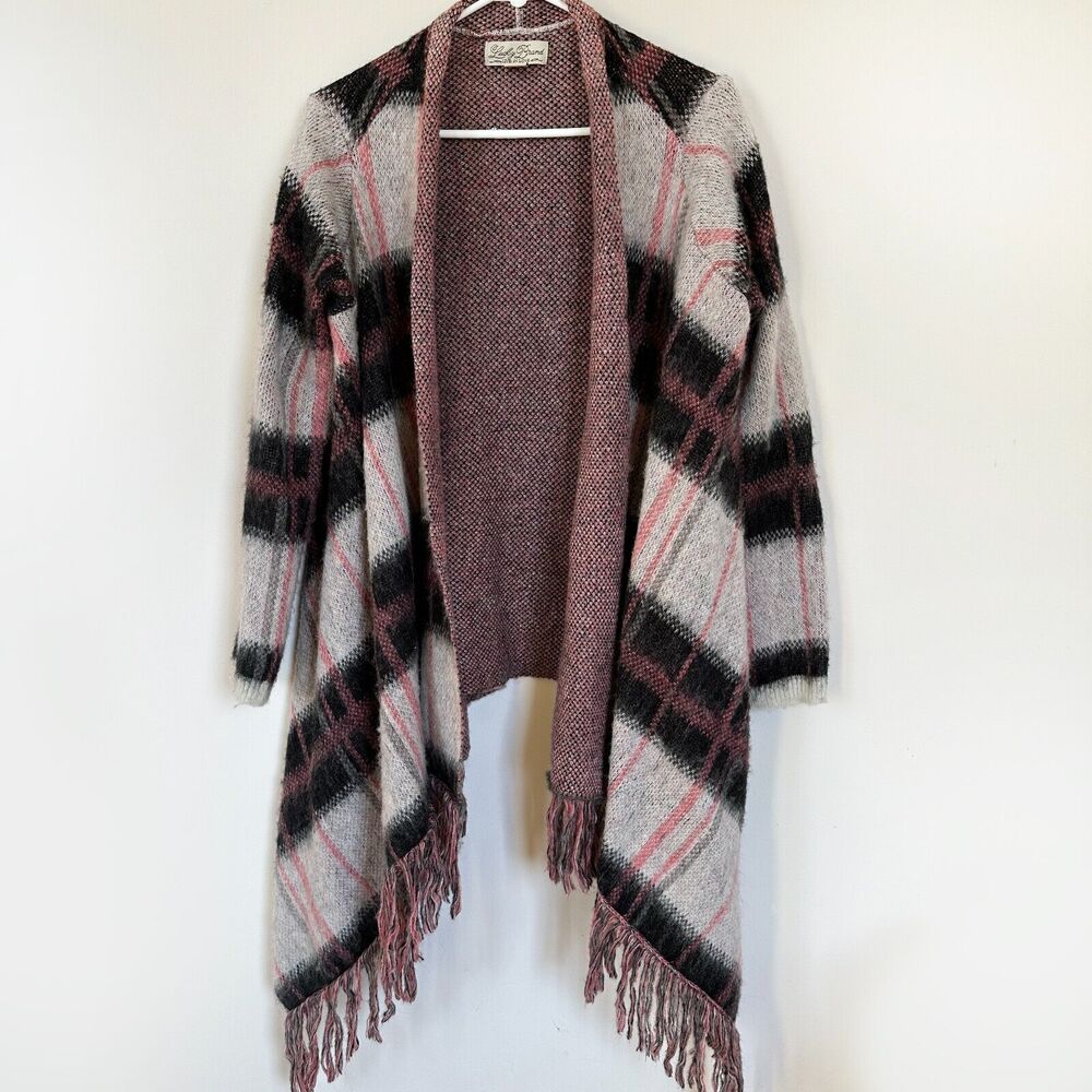 LUCKY BRAND Women MEDIUM Pink Wool Mohair Blend Brush Plaid Open Front Cardigan